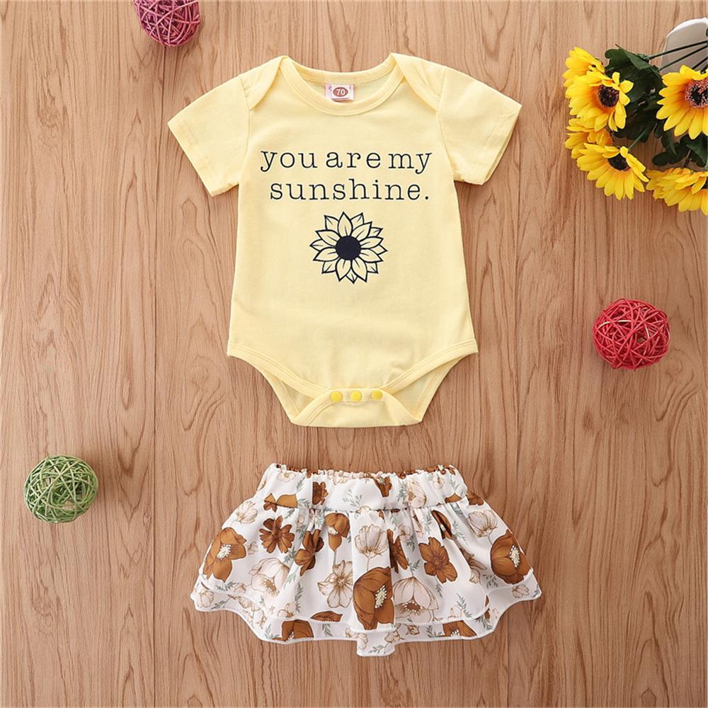 Baby Girls You Are My Sunshine Flower Printed Short Sleeve Romper & Skirt Wholesale Baby Clothes