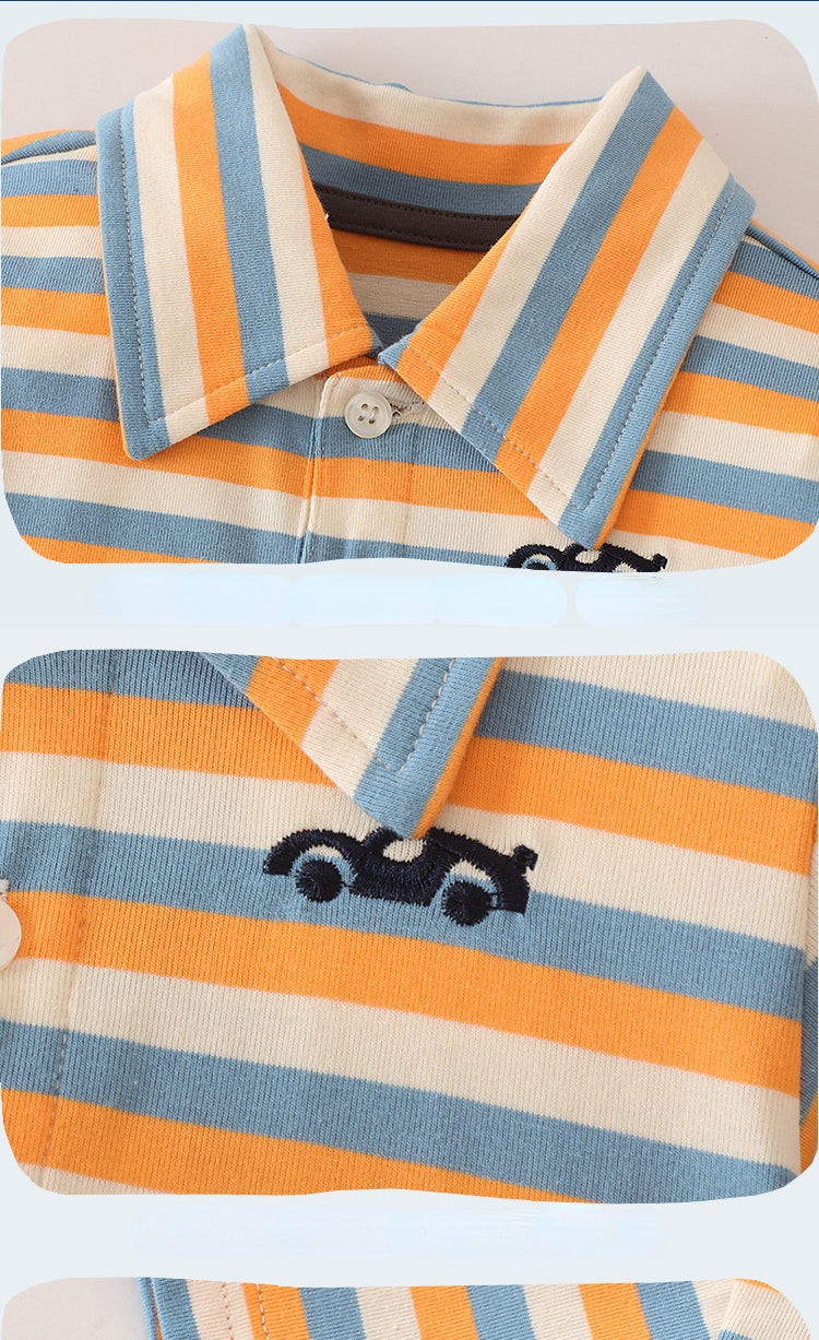 Toddler Kids Boys Color Stripe Short Sleeve Cotton Lapel Shirt Dinosaur Print Shorts Set