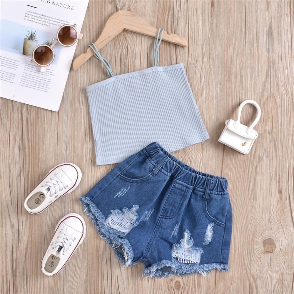 Girls Solid Sling Top & Ripped Denim Blue Shorts kids wholesale clothing