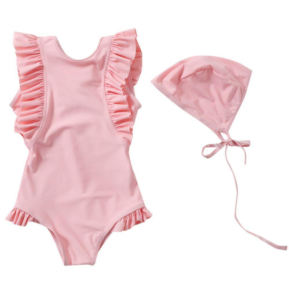 Girls One-piece Solid Color Swimsuit Children's Cute Princess Swimwear with hat from 1-10 Years Old Swimsuit Wholesale