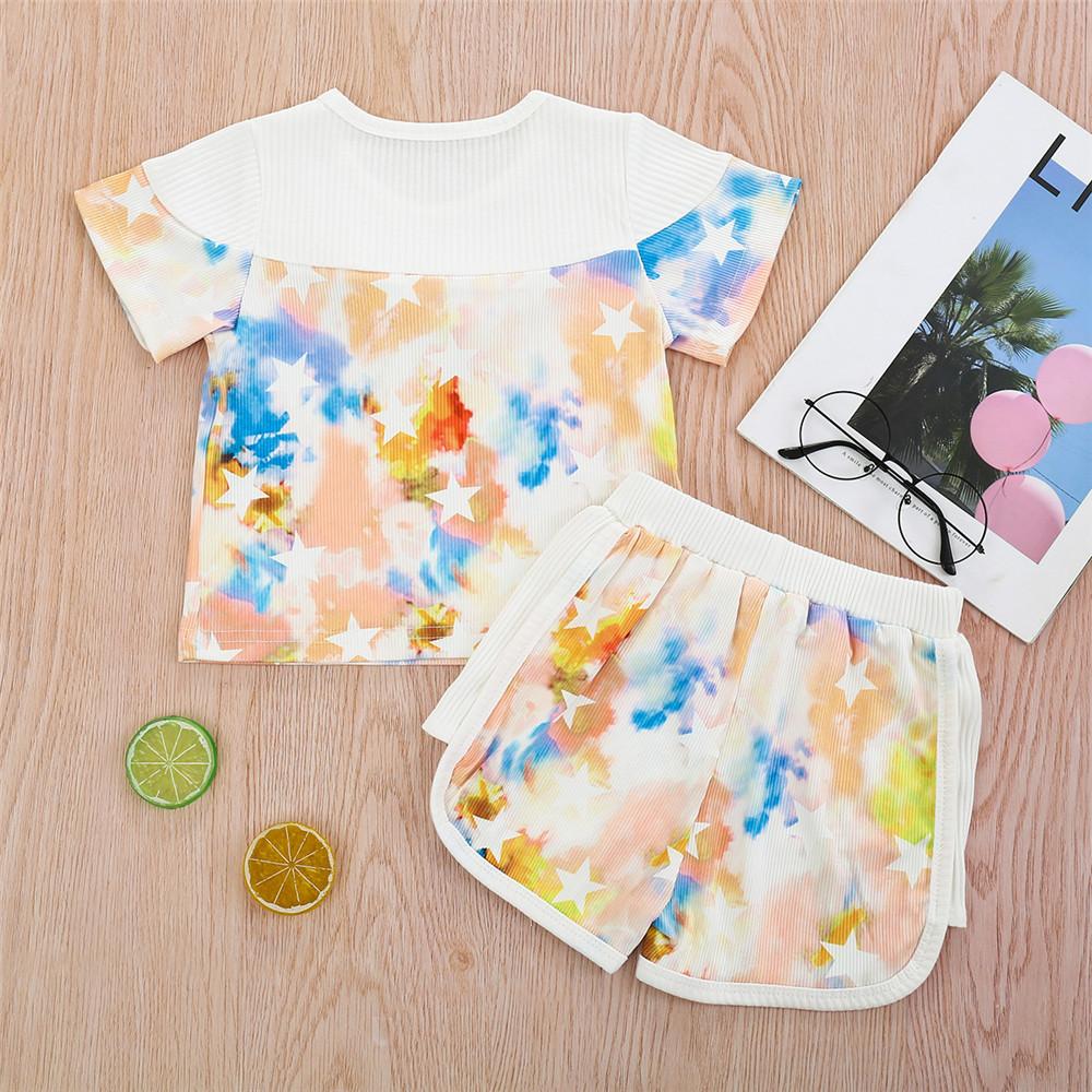 Girls Star Printed Tie Dye Bow Decor Short Sleeve Top & Shorts Girls Clothes Wholesale