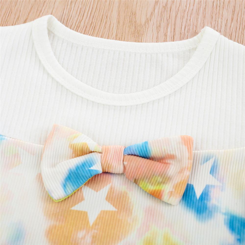 Girls Star Printed Tie Dye Bow Decor Short Sleeve Top & Shorts Girls Clothes Wholesale