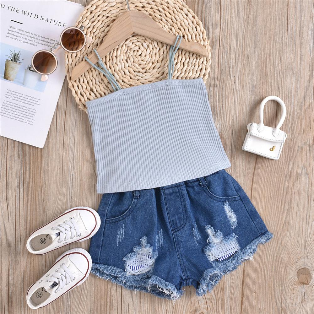 Girls Solid Sling Top & Ripped Denim Blue Shorts kids wholesale clothing