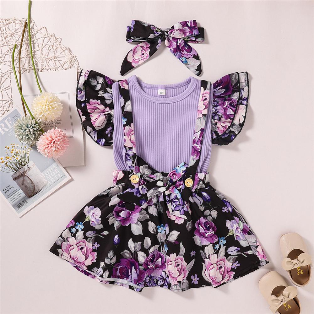 Girls Floral Printed Short Sleeve Splicing Top & Suspender Skirt & Headband wholesale kids clothing