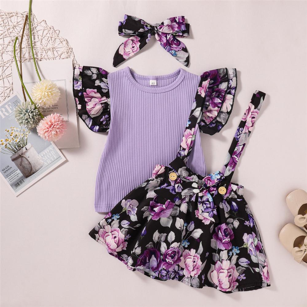 Girls Floral Printed Short Sleeve Splicing Top & Suspender Skirt & Headband wholesale kids clothing