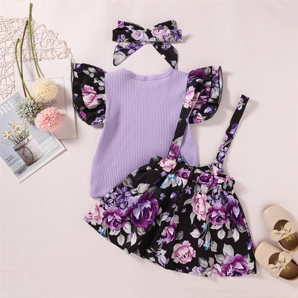 Girls Floral Printed Short Sleeve Splicing Top & Suspender Skirt & Headband wholesale kids clothing