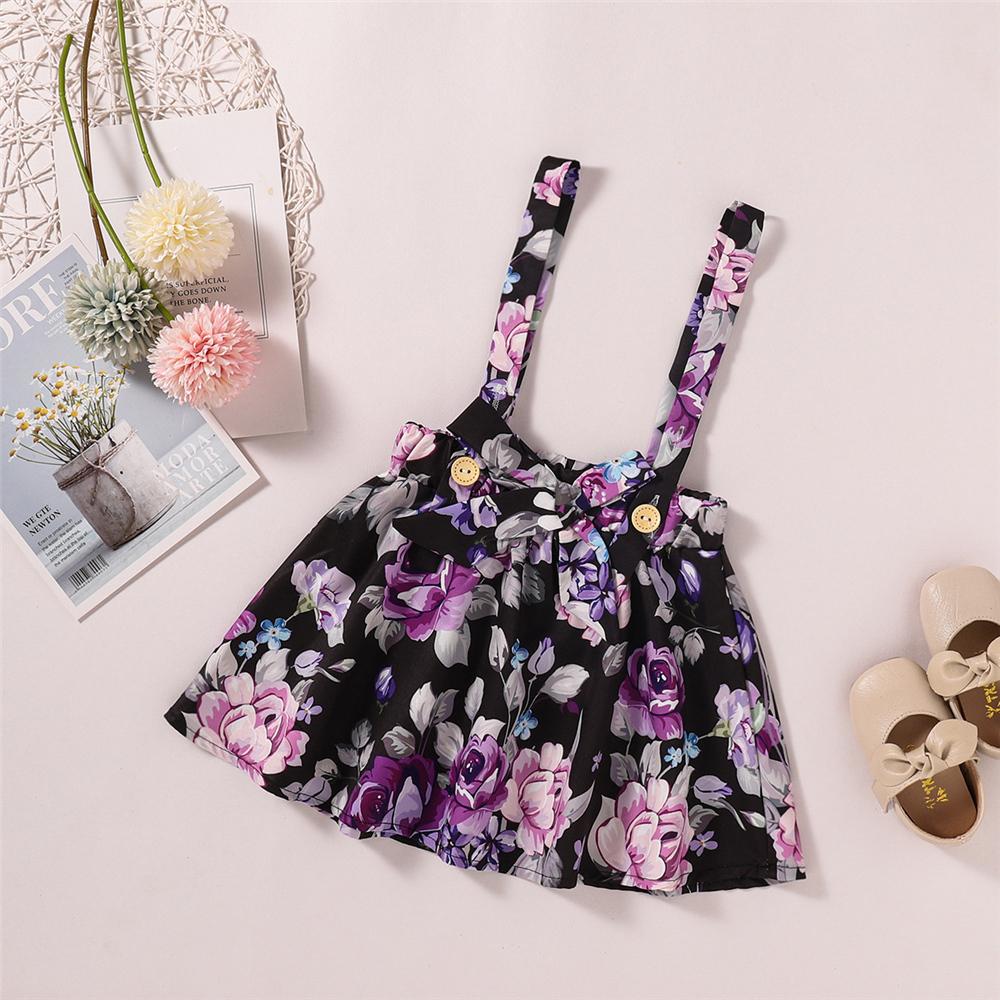 Girls Floral Printed Short Sleeve Splicing Top & Suspender Skirt & Headband wholesale kids clothing