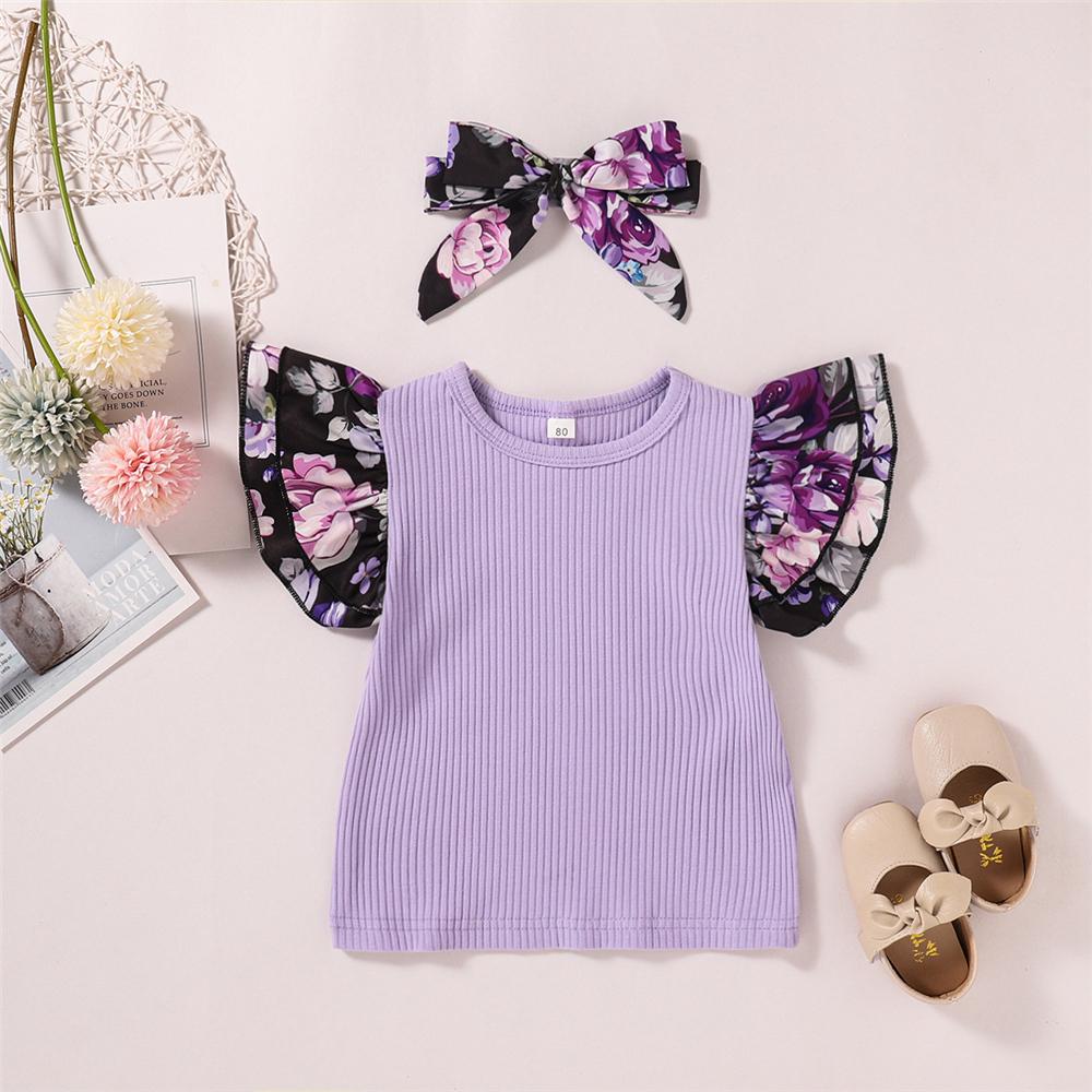 Girls Floral Printed Short Sleeve Splicing Top & Suspender Skirt & Headband wholesale kids clothing