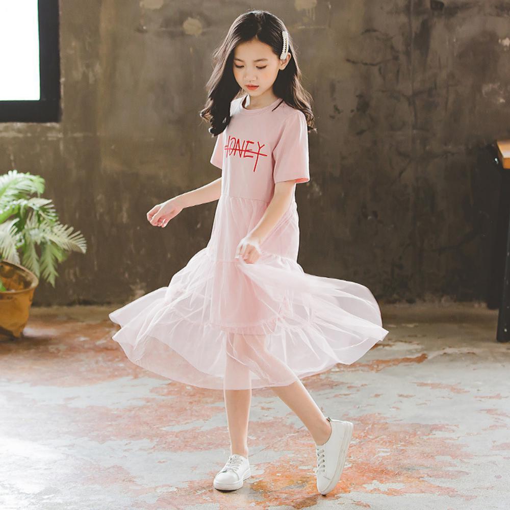 Girls Summer Girls' Letter Print Round Neck Short Sleeve Mesh Skirt Girls Clothing Wholesalers