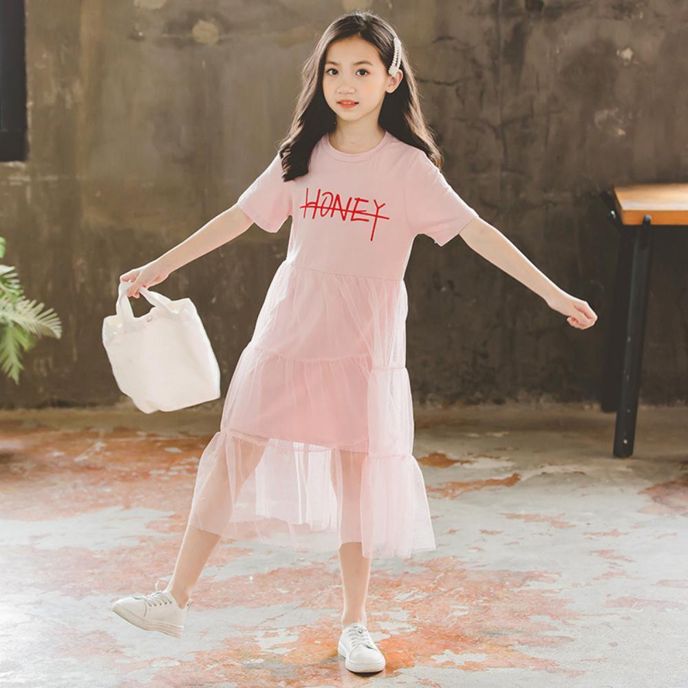 Girls Summer Girls' Letter Print Round Neck Short Sleeve Mesh Skirt Girls Clothing Wholesalers