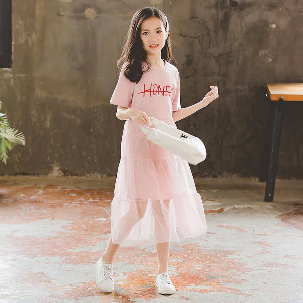 Girls Summer Girls' Letter Print Round Neck Short Sleeve Mesh Skirt Girls Clothing Wholesalers