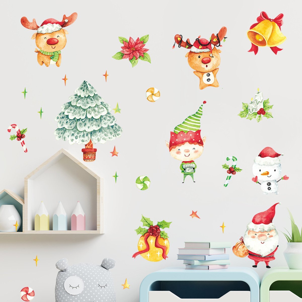 MOQ:3packs Cartoon painted Christmas decoration wall stickers wholesale