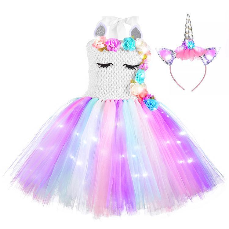 Soyoekbt Girls Unicorn Costume LED Light Up Princess Dress Party Outfit Halloween Tutu Dress with Headband Wholesale