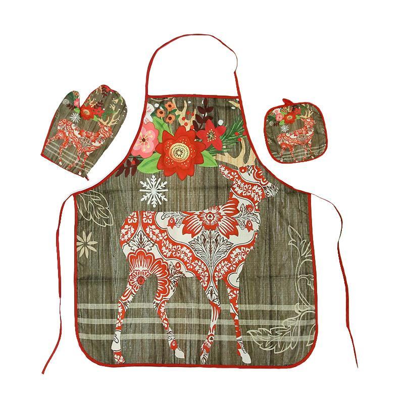 MOQ:3Packs Christmas cloth apron and heat insulation gloves and heat pad three-piece set wholesale