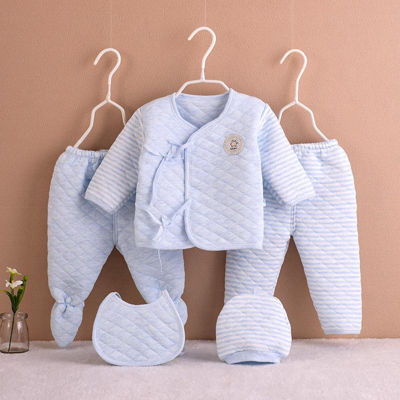 Newborn cotton three-layer warmth thickening 2 pairs of trousers&cardigan top& hat& bib five-piece wholesale