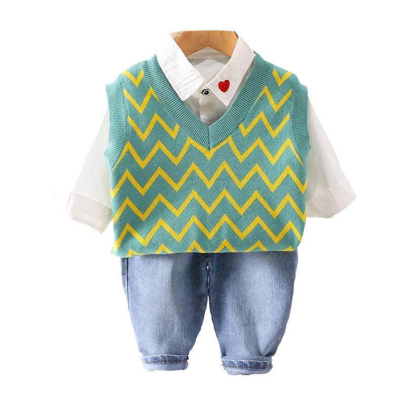 MOQ 2PCS Baby Boy Boys Autumn Long Sleeve Knitted Warm Vest Three Sets Baby Wholesales