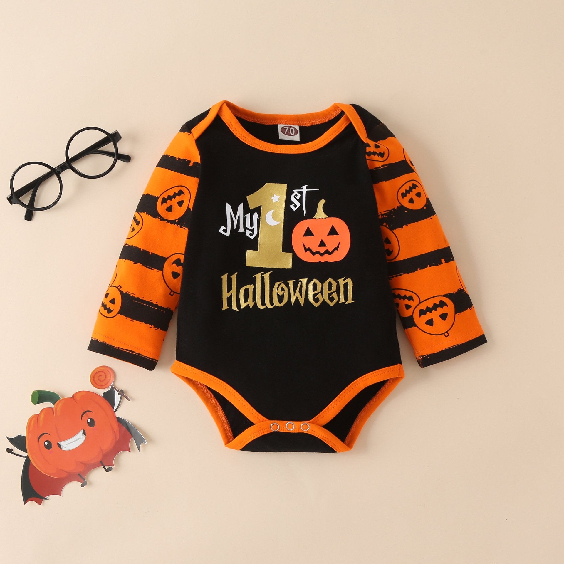 Halloween pumpkin print long sleeve romper trousers and hat 3-piece suit wholesale