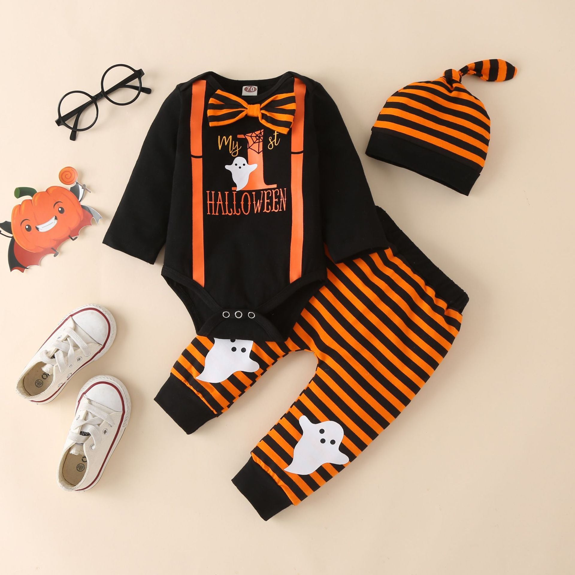 Halloween print long sleeve one-piece and pants and hat three-piece wholesale