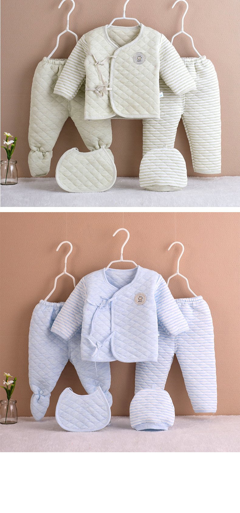 Newborn cotton three-layer warmth thickening 2 pairs of trousers&cardigan top& hat& bib five-piece wholesale