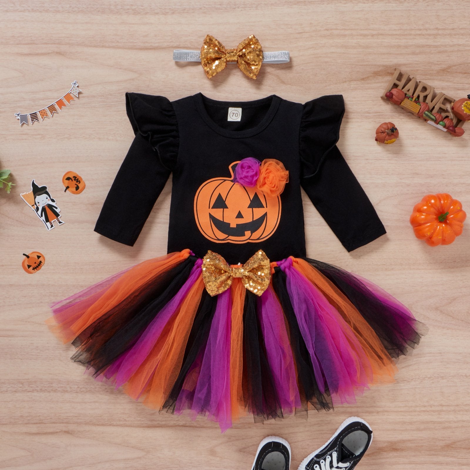 Halloween black romper printed smiley face pumpkin mesh skirt three-piece wholesale