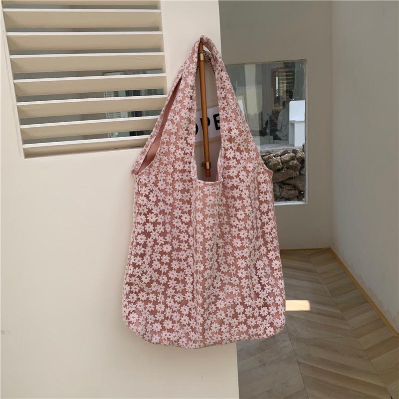 MOQ 6PCS Flower lace one-shoulder portable canvas bag Wholesale