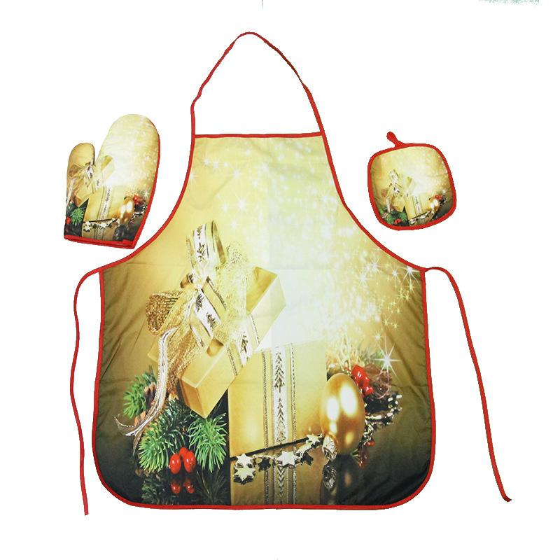 MOQ:3Packs Christmas cloth apron and heat insulation gloves and heat pad three-piece set wholesale