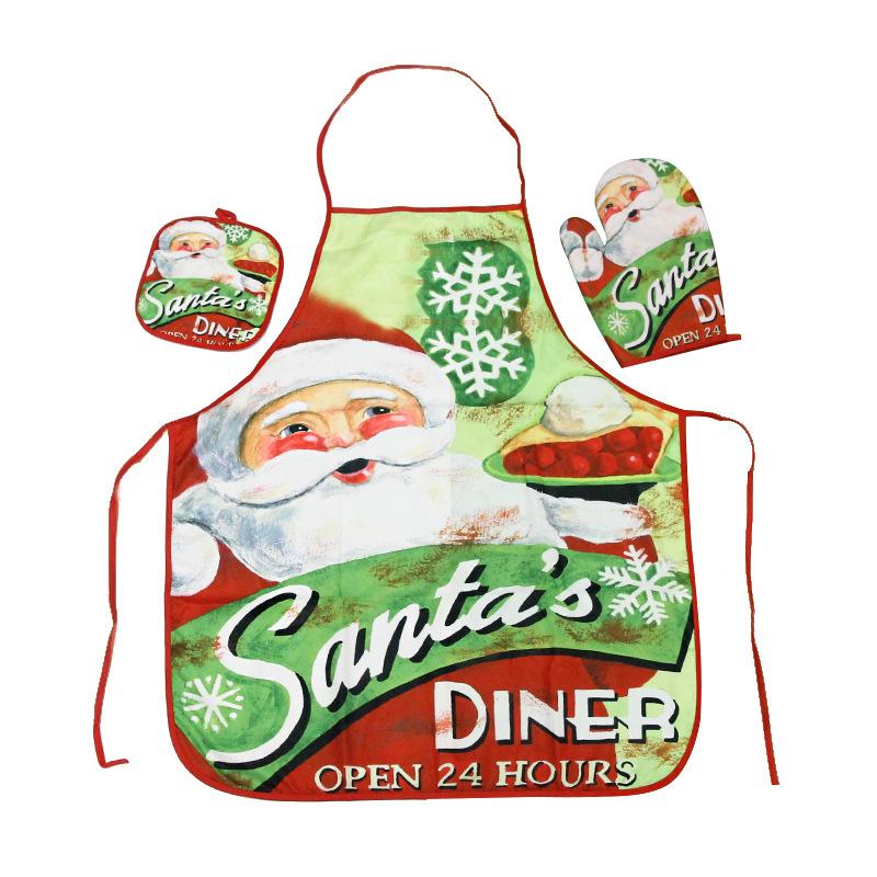 MOQ:3Packs Christmas cloth apron and heat insulation gloves and heat pad three-piece set wholesale