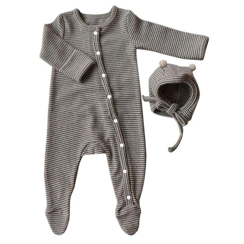 Newborn striped chest buckle baby one-piece with foot socks & Hat 2-piece set wholesale