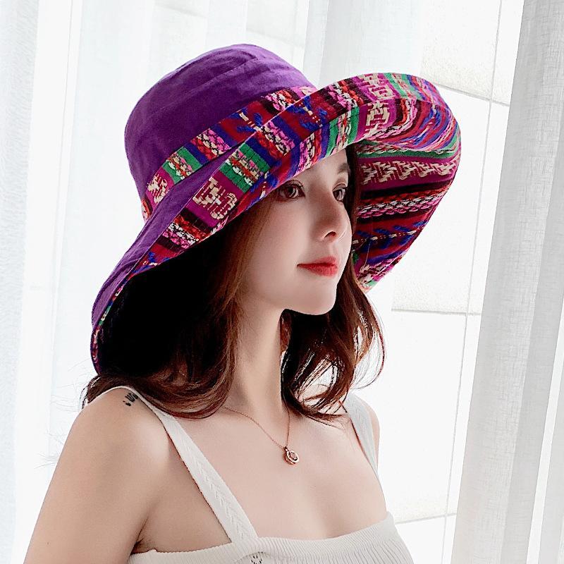 MOQ 4PCS  Anti-ultraviolet double-sided ethnic style big brimmed hat wholesale