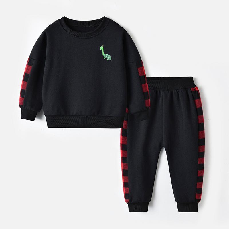 Cartoon long-sleeved sweater stitching red and black grid trendy fan trousers two-piece wholesale