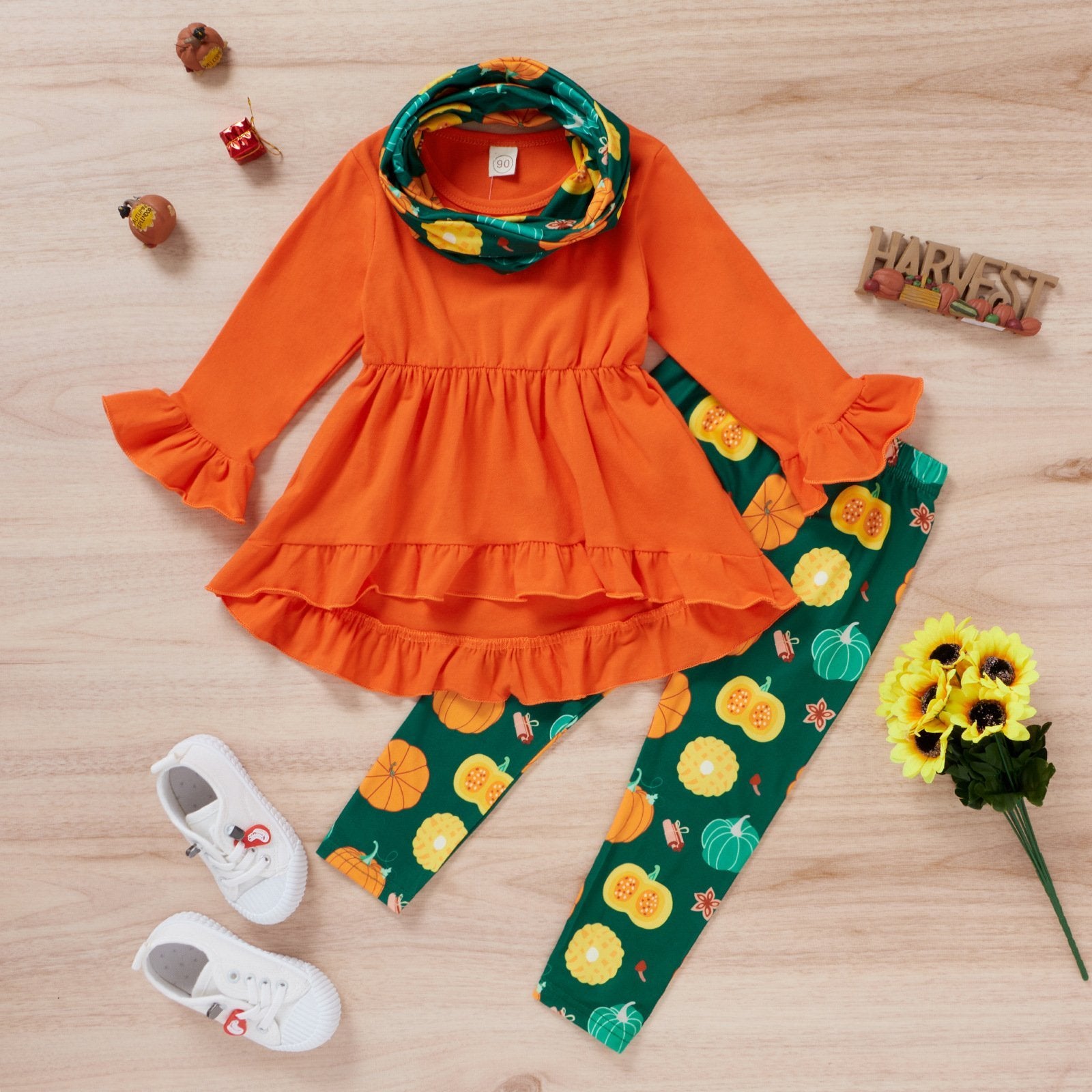 Long top and Halloween pumpkin print pants and headband three-piece wholesale