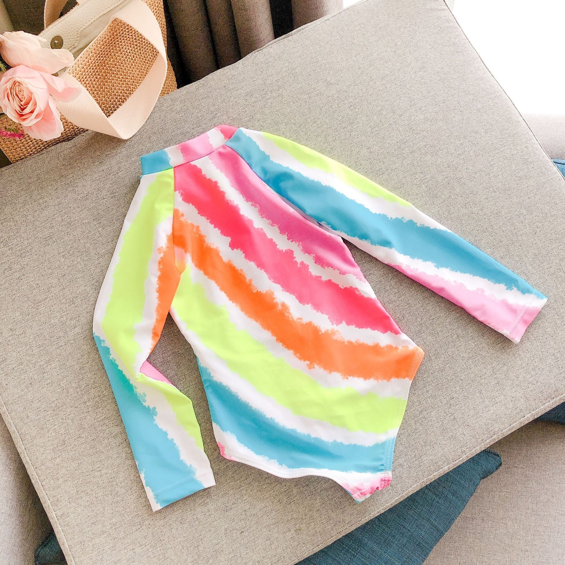 Girls Swimsuit Rainbow Striped Long-sleeved Sunscreen Children's One-piece Swimwear