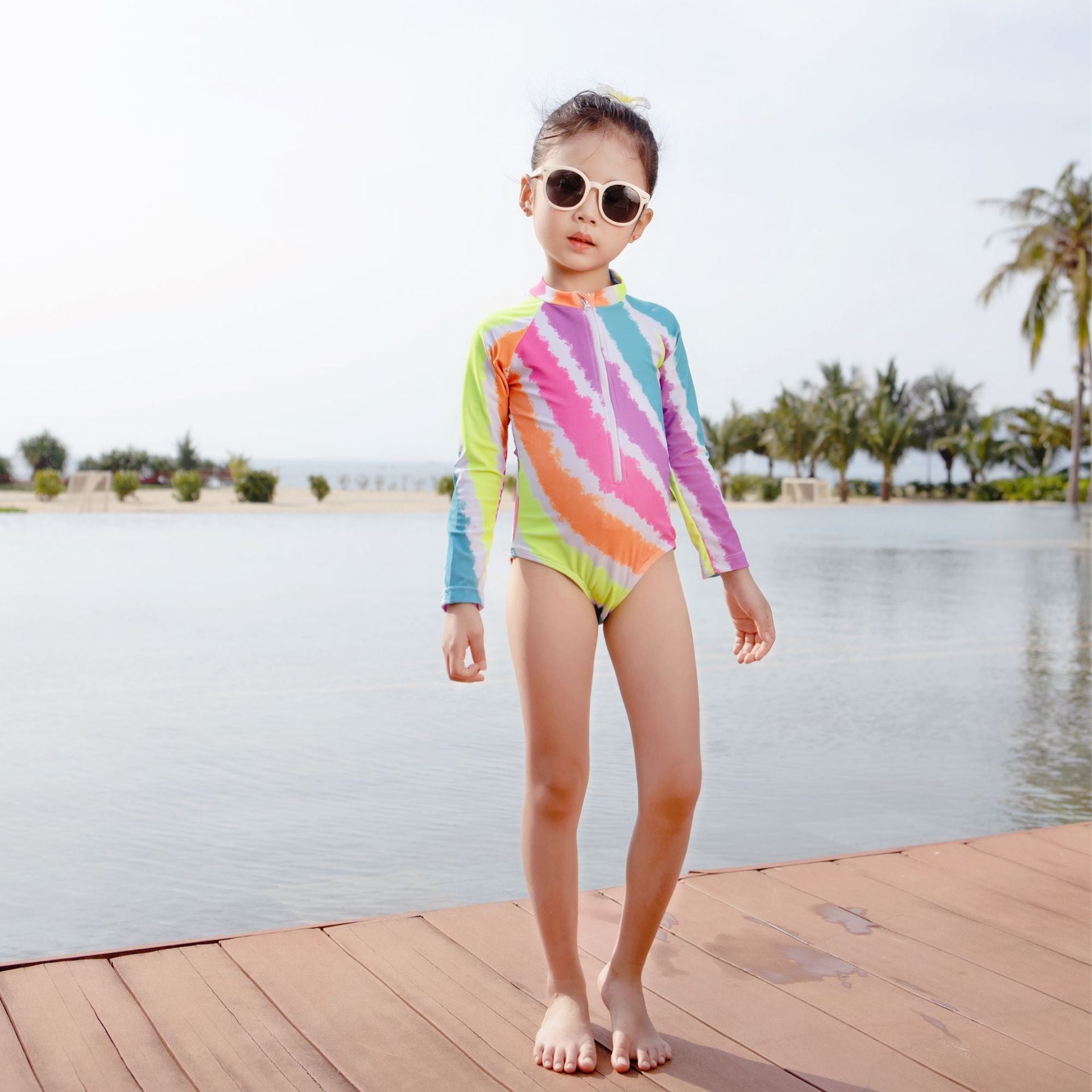 Girls Swimsuit Rainbow Striped Long-sleeved Sunscreen Children's One-piece Swimwear