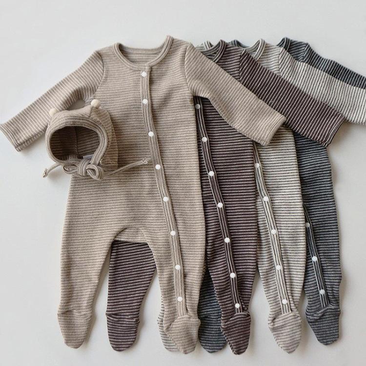 Newborn striped chest buckle baby one-piece with foot socks & Hat 2-piece set wholesale