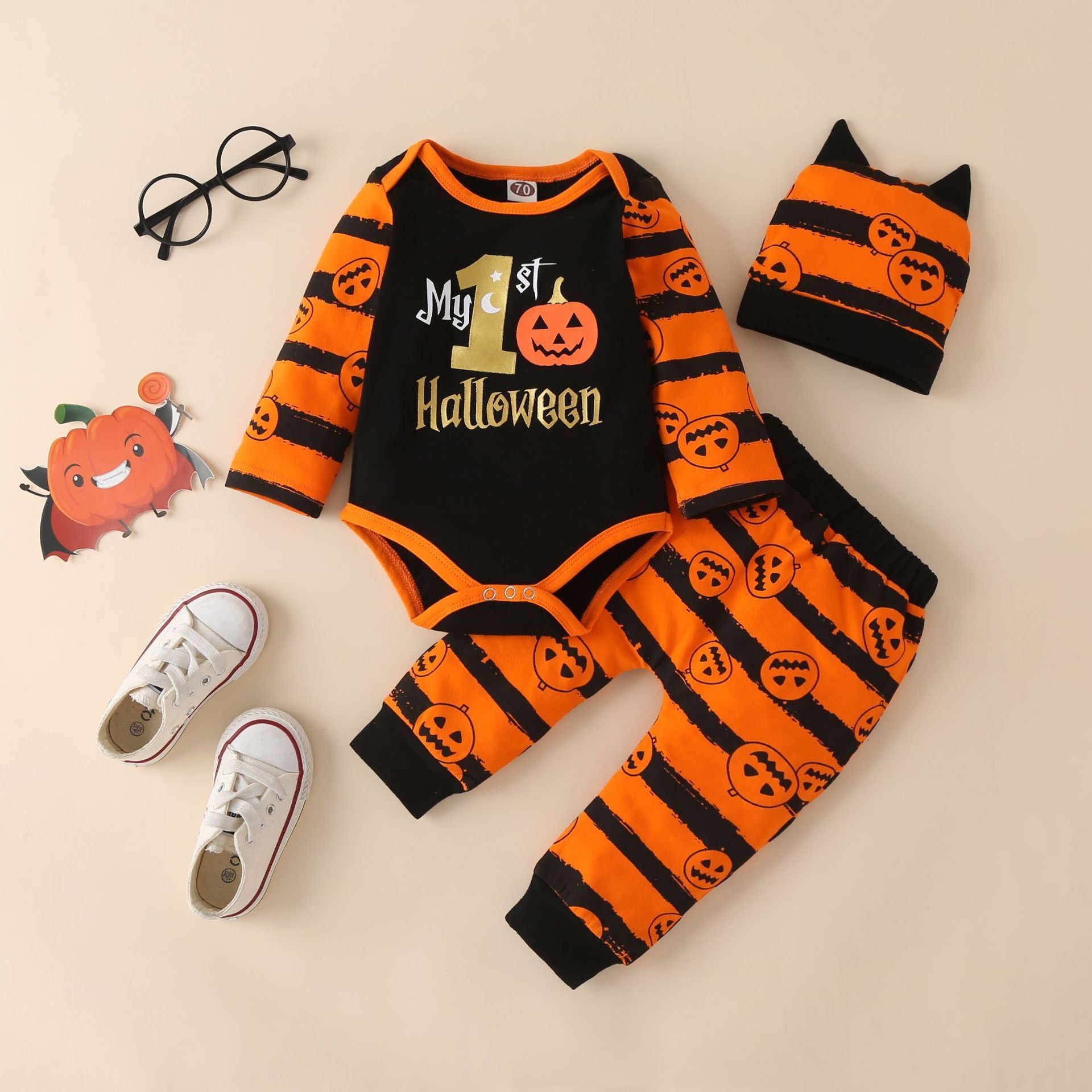 Halloween pumpkin print long sleeve romper trousers and hat 3-piece suit wholesale