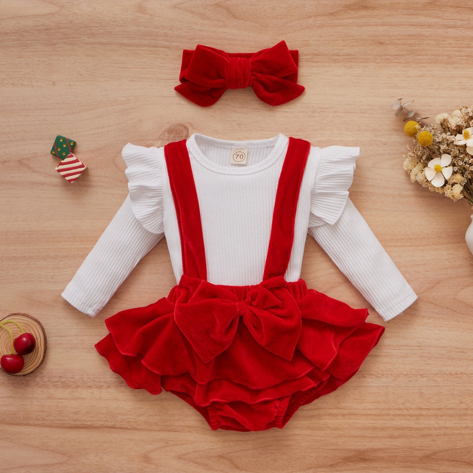 Christmas long-sleeved blouse and velvet skirt suit and headband 3-pieces  wholesale