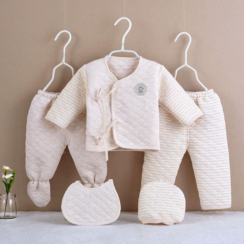 Newborn cotton three-layer warmth thickening 2 pairs of trousers&cardigan top& hat& bib five-piece wholesale