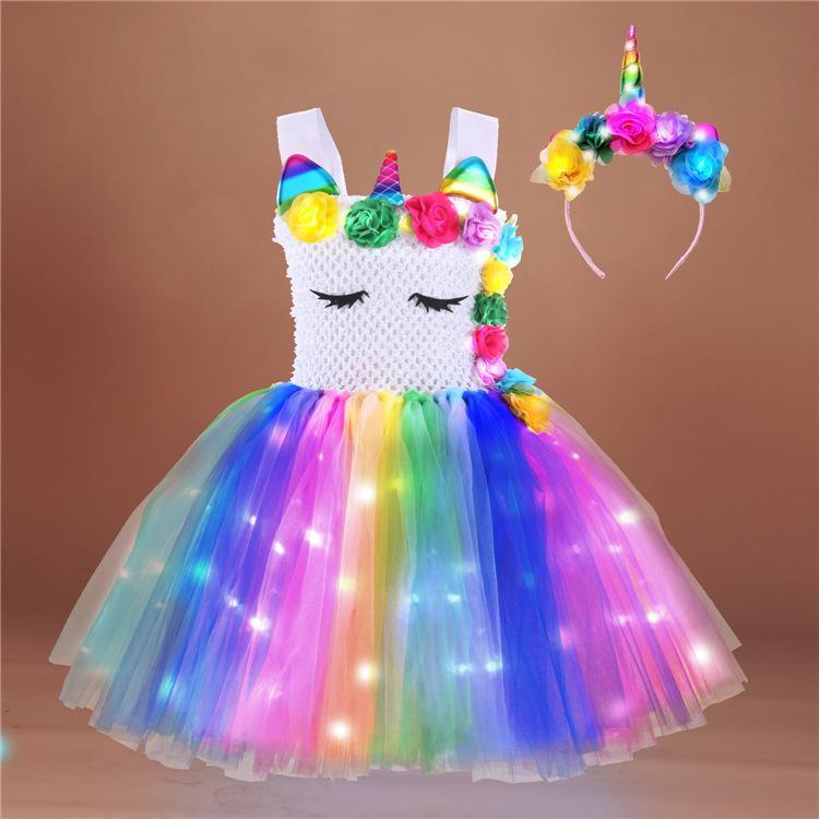 Soyoekbt Girls Unicorn Costume LED Light Up Princess Dress Party Outfit Halloween Tutu Dress with Headband Wholesale