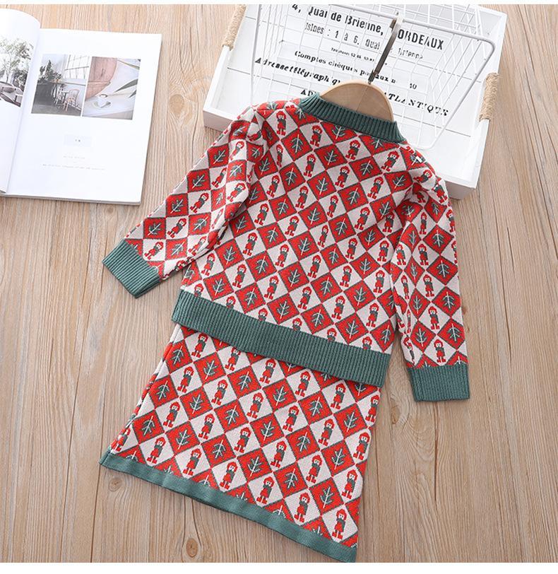 Girls' knitted diamond sweater jacket & strap skirt two-piece wholesale