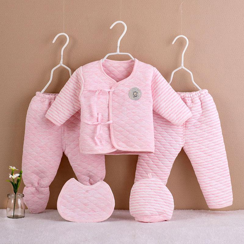 Newborn cotton three-layer warmth thickening 2 pairs of trousers&cardigan top& hat& bib five-piece wholesale