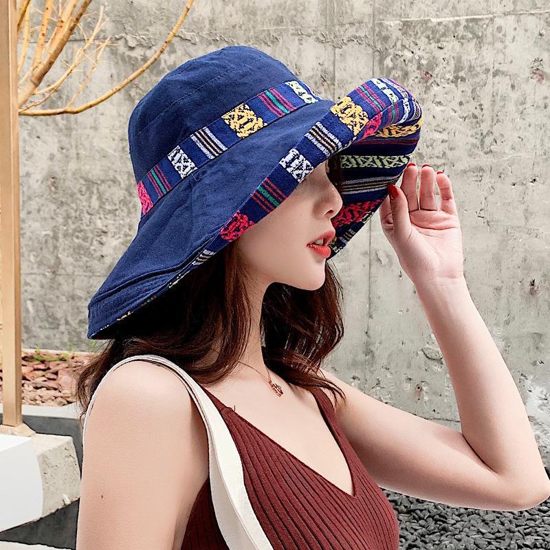 MOQ 4PCS  Anti-ultraviolet double-sided ethnic style big brimmed hat wholesale
