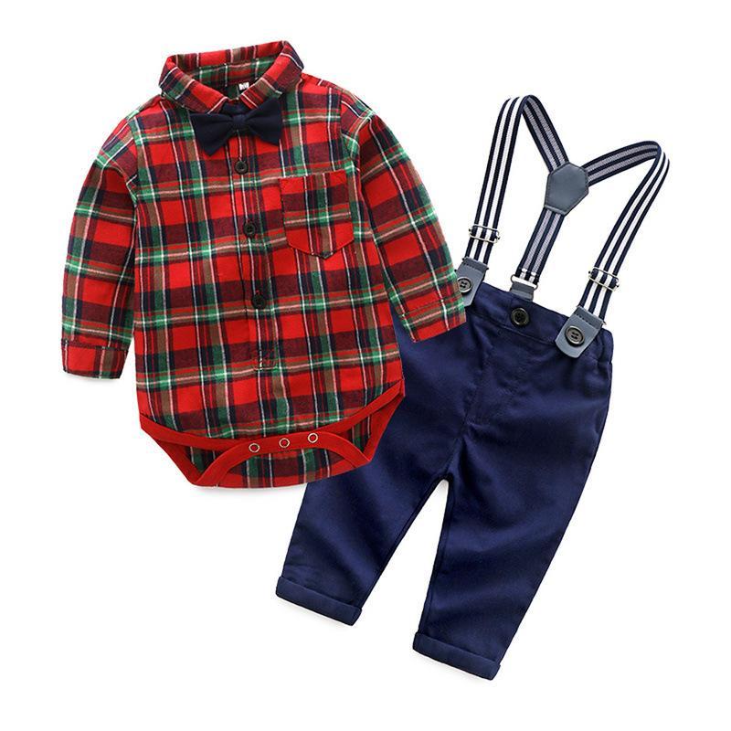 Long sleeved romper & suspender trousers & Bow tie  3-piece set wholesale