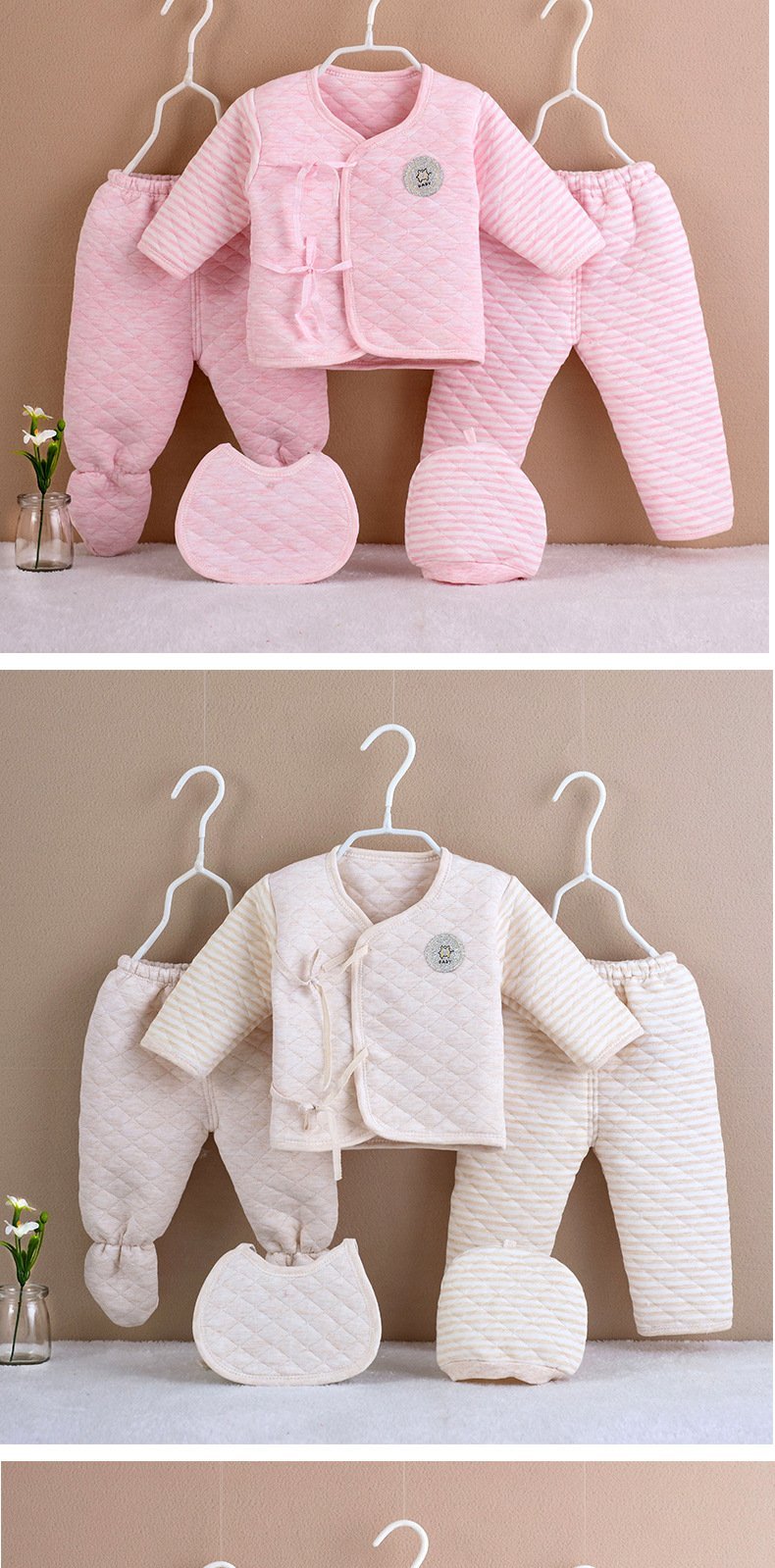 Newborn cotton three-layer warmth thickening 2 pairs of trousers&cardigan top& hat& bib five-piece wholesale