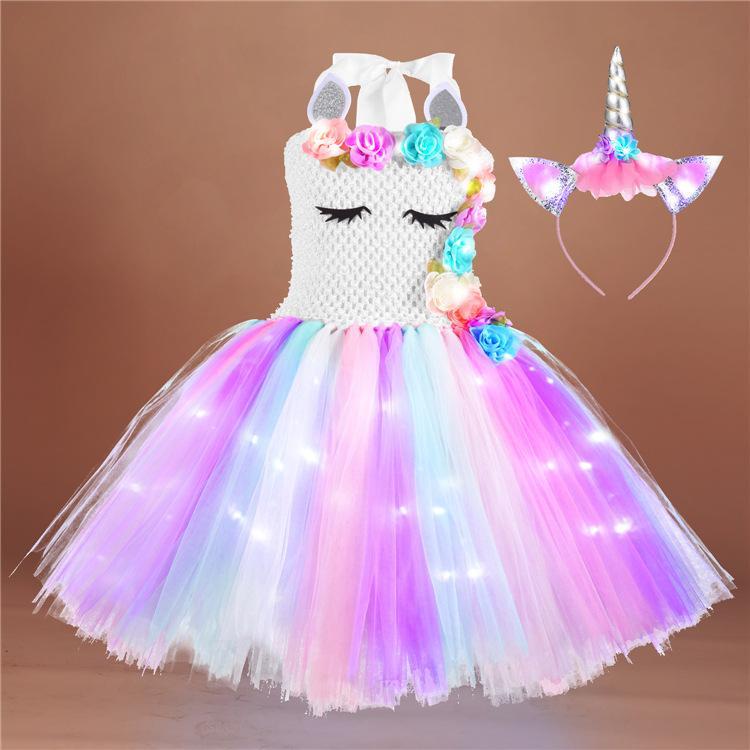 Soyoekbt Girls Unicorn Costume LED Light Up Princess Dress Party Outfit Halloween Tutu Dress with Headband Wholesale