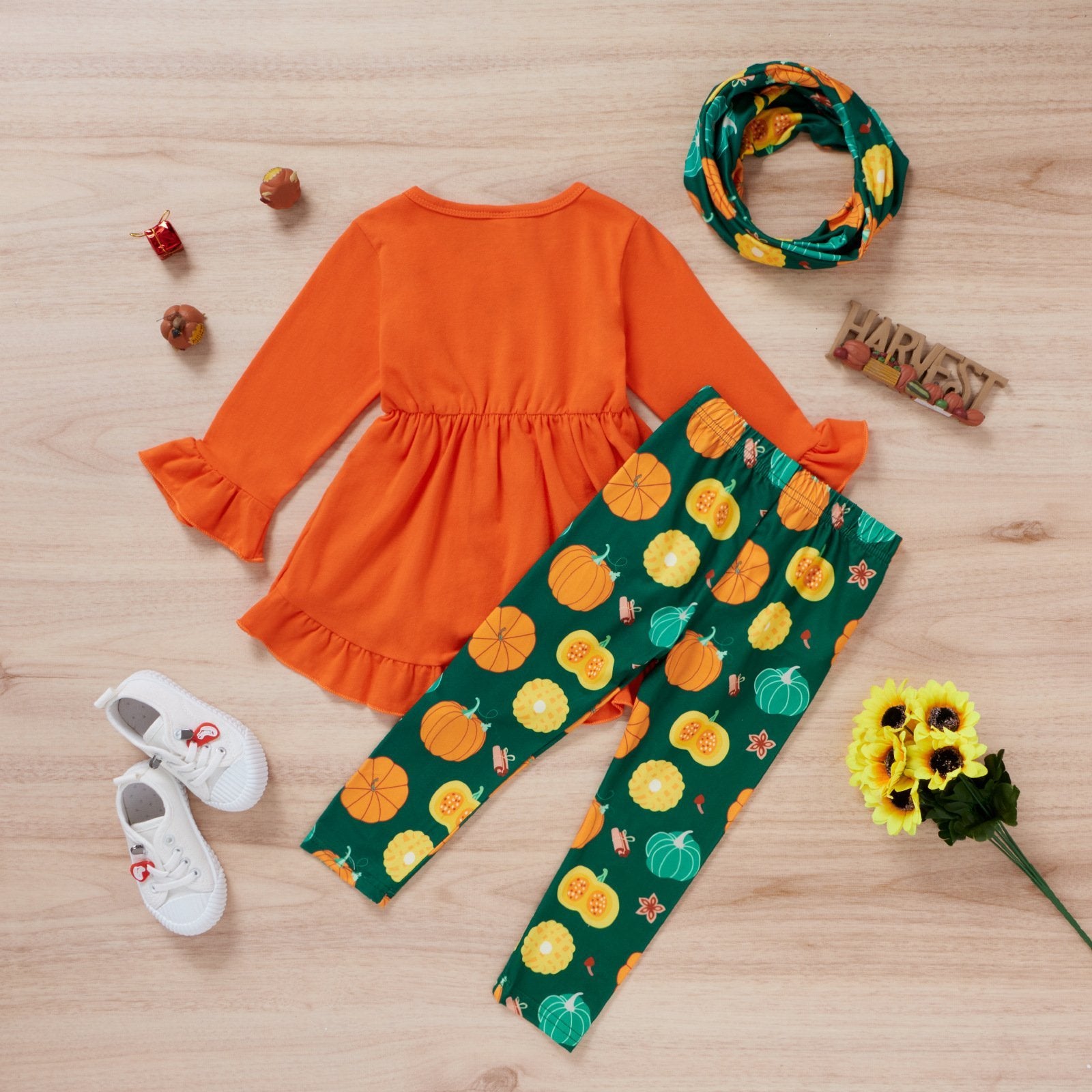 Long top and Halloween pumpkin print pants and headband three-piece wholesale