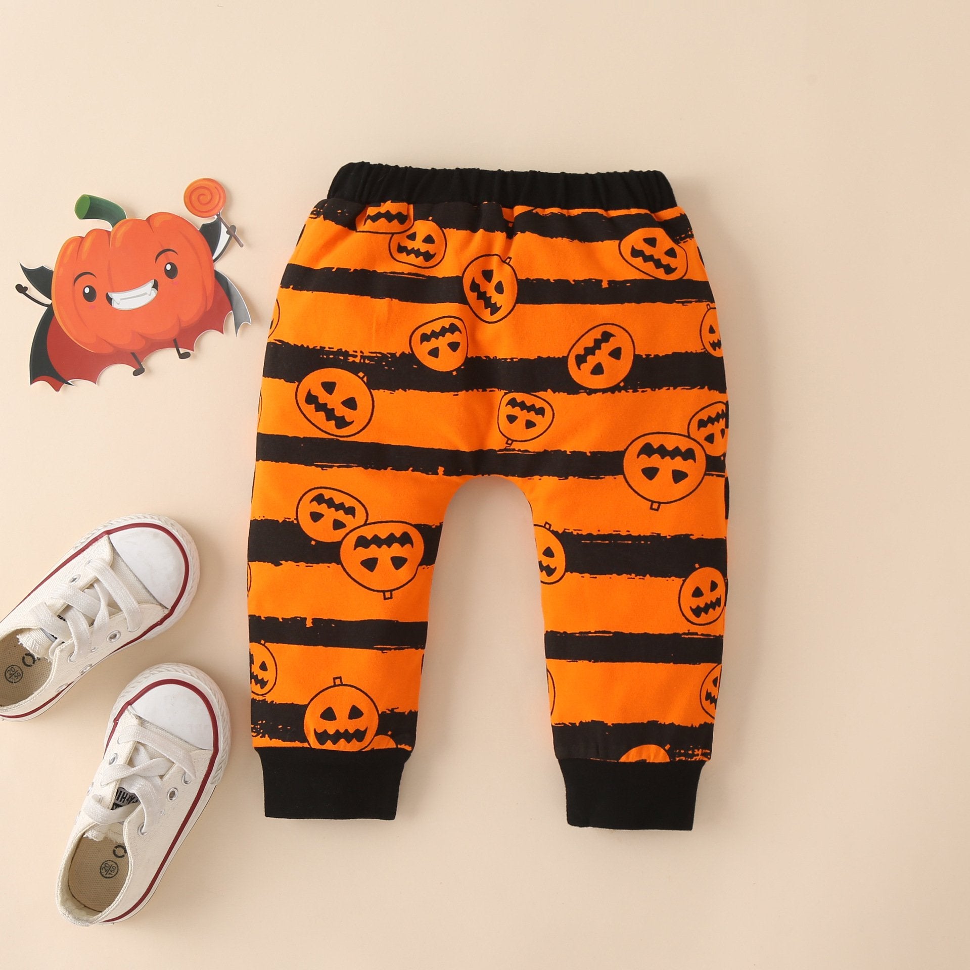 Halloween pumpkin print long sleeve romper trousers and hat 3-piece suit wholesale