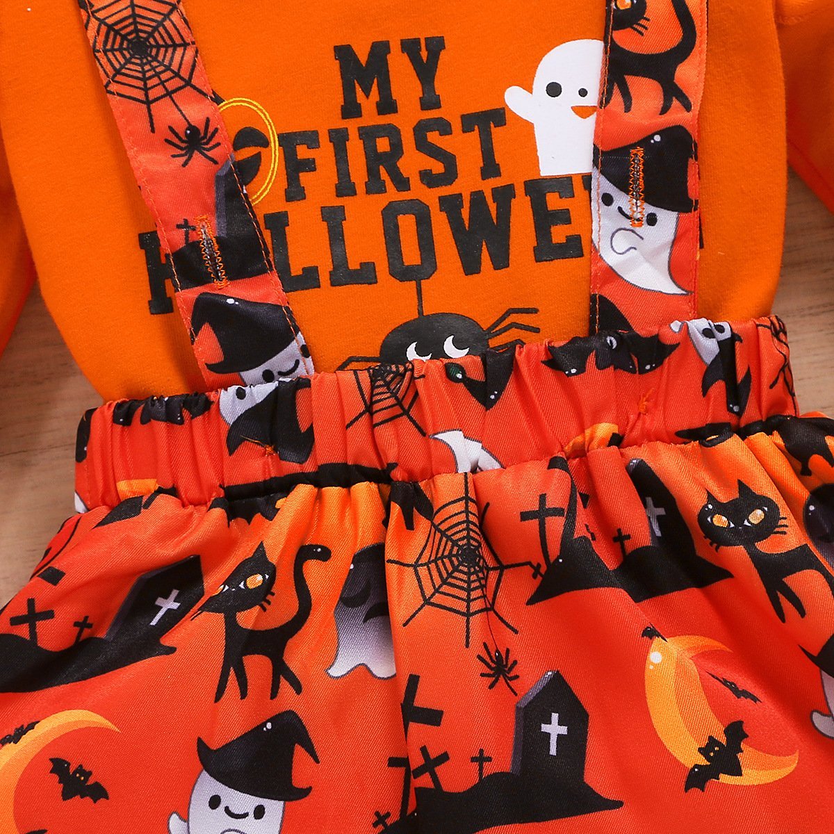 Letter print one-piece and Halloween print suspender skirt and headband 3 pieces set  wholesale