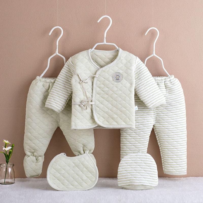 Newborn cotton three-layer warmth thickening 2 pairs of trousers&cardigan top& hat& bib five-piece wholesale