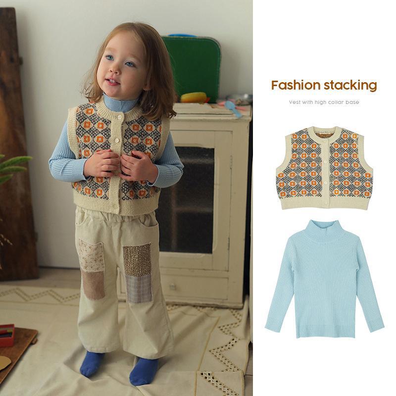 Sweater cardigan vest and blue turtleneck knitted bottoming top for boys and girls wholesale