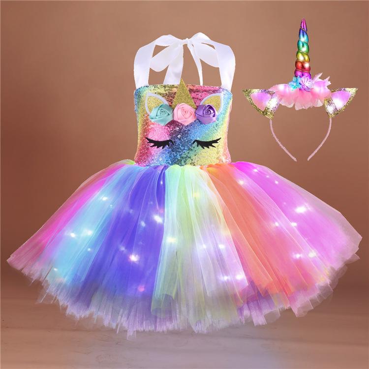 Soyoekbt Girls Unicorn Costume LED Light Up Princess Dress Party Outfit Halloween Tutu Dress with Headband Wholesale